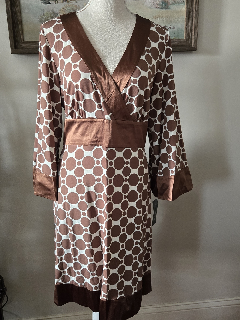 INC International Concepts Brown Polka Dot Silk-Trim Wrap Dress
